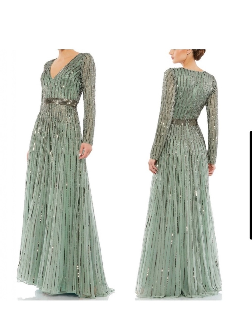 Mac Duggal Green Sequined V Neck Illusion Sleeve A Line Gown (18)